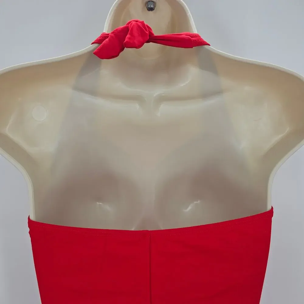 Tempt Me Womans size L Retro Halter Boyleg Ruched One Piece Swimsuit Red NWOT